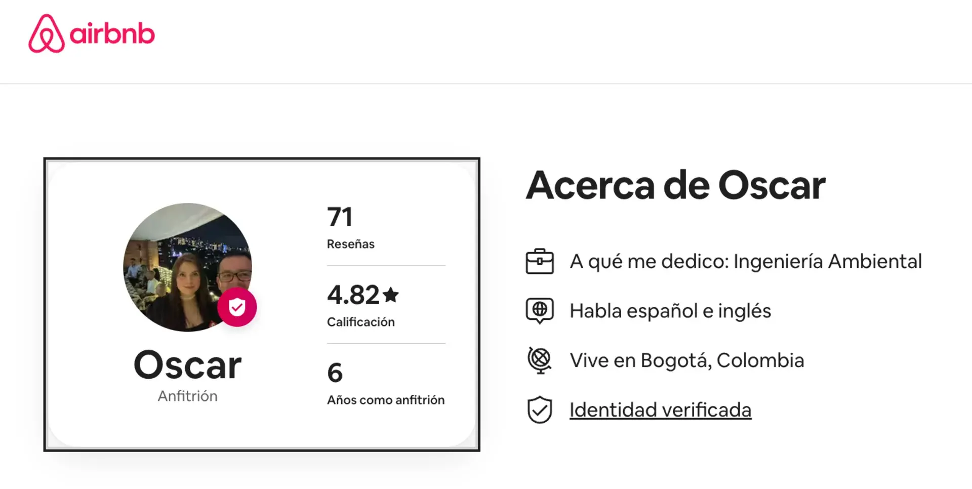 Airbnb profile Oscar host 4.82 stars 71 reviews